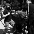 Momentul când suporterul lui U Cluj încearcă să-l lovească din nou pe jandarmul aflat la pământ // FOTO: Arhivă Gazeta Sporturilor