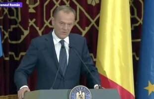 VIDEO Donald Tusk, președintele Consiliului European, discurs MEMORABIL în limba română la Ateneu: „Români, apărați statul de drept la fel ca Duckadam la Sevilla!”
