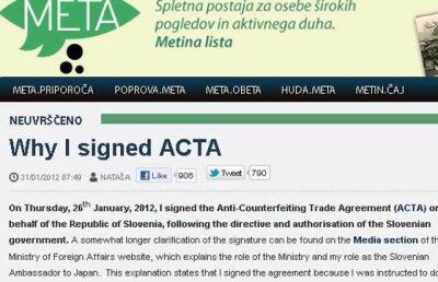 Ambasadoarea Sloveniei la Tokyo îşi cere scuze pentru semnarea ACTA!