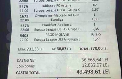 FOTO FACSIMIL S-a răsturnat carul cu bani! :) » Un parior din Caracal a dat lovitura: câștig FABULOS cu două bilete pe Europa League