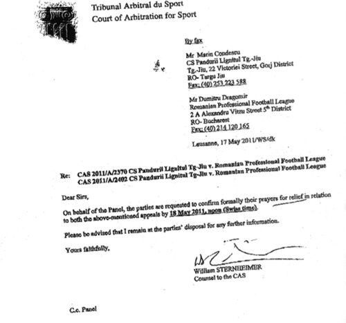 Facximil după faxul trimis de TAS