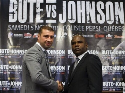 Lucian Bute și Glen Johnson au susținut ieri o conferință de presă la Quebec sursa: cyperpresse.ca