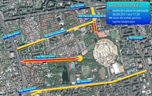 Aşa arată harta cu restricţiile rutiere din zona stadionului. Arterele marcate cu roşu vor fi închise, iar pe cele cu galben se recomandă evitarea staţionării