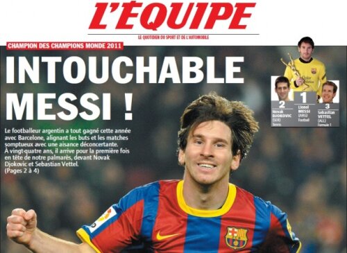 Prima pagină din L'Equipe îi este rezervată celui care a cîştigat tot cu Barcelona în 2011, mai puţin Cupa Regelui Spaniei
