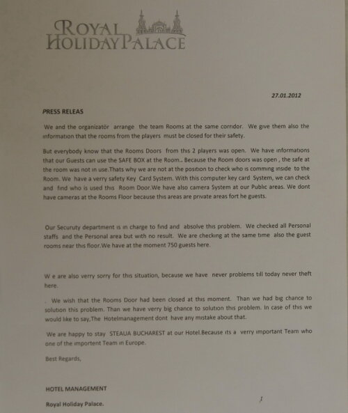 Comunicatul conducerii hotelului Royal Holiday Palace
