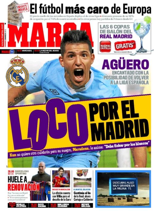 ”Marca” are a doua zi la rînd pe prima pagină subiectul Aguero
