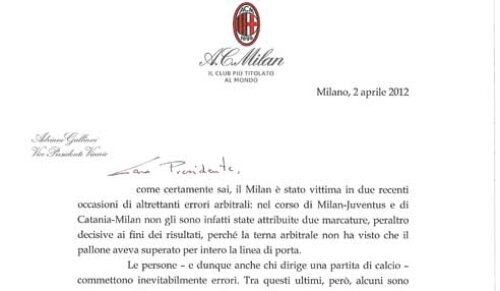 Aceasta-i scrisoarea expediată de Galliani președintelui federației italiene (foto: milan.it)