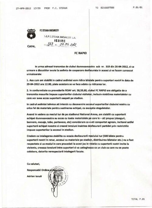 Comunicatul de presă trimis de oficialii steliști