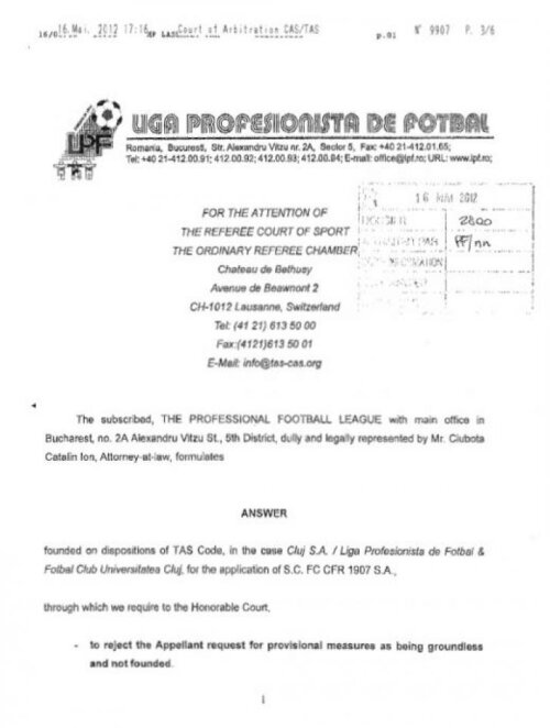 Scrisoarea trimisă de LPF la TAS