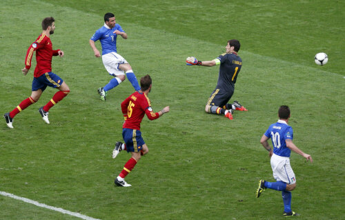 Acesta este momentul de care îi este teamă lui Craioveanu: golul italianului Di Natale (stînga, în albastru), în primul meci din grupa C: Italia - Spania 1-1 // Foto: Reuters
