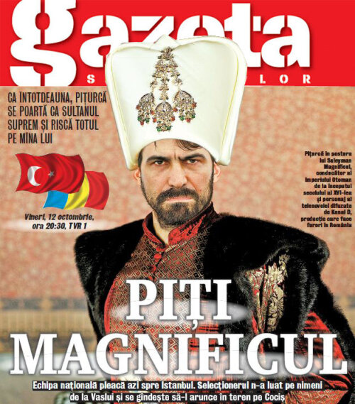 FOTOMONTAJ GSP / Pițurcă în postura lui Suleyman Magnificul, conducător al Imperiului Otoman de la începutul secolului al XVI-lea și personaj al telenovelei difuzată de Kanal D, producție care face furori în România