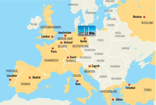 Harta Europei cu cele 13 posibile gazde, conform actualului clasament FIFA-Coca Cola