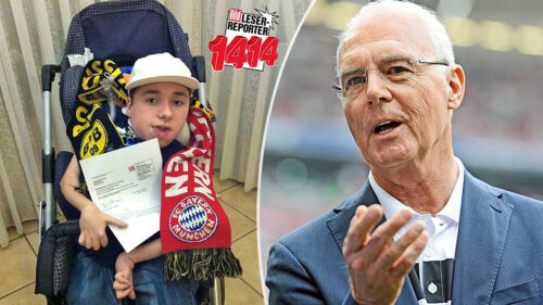 Samuel (stînga), puştiul care o iubeşte pe Bayern, şi Franz Beckenbauer, cel ce la ajutat să vadă finala de la Londra