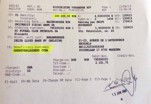Documentul de plată de la Petrolul către Waregem, datat 13 iunie 2013: în termen