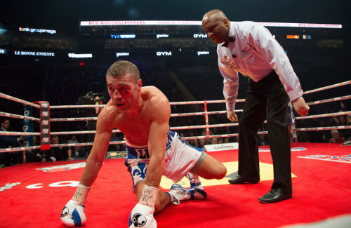 Lucian Bute se ridică greu după pumnii primiți de la columbian // FOTO Alexandru Steau (Quebec)