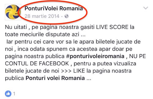 Prima postare de pe pagina PonturiVolei Romania contine un mesaj clar legat de pariuri