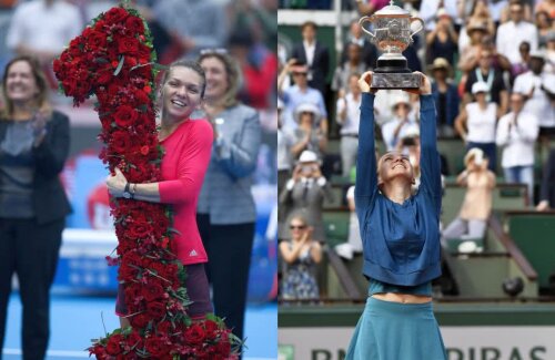IMAGINILE TRIUMFULUI. Simona Halep și două ipostaze-cheie ale carierei ei, ambele acompaniate de un zâmbet larg și de un trofeu. În stânga, octombrie 2017, când a izbutit să urce pe prima treaptă a clasamentului mondial, în timpul turneului de la Beijing. În dreapta, imagine de sâmbăta trecută, ridicând deasupra capului trofeul de la Roland Garros, întâiul de Grand Slam al carierei (foto: Guliver/GettyImages, Raed Krishan)