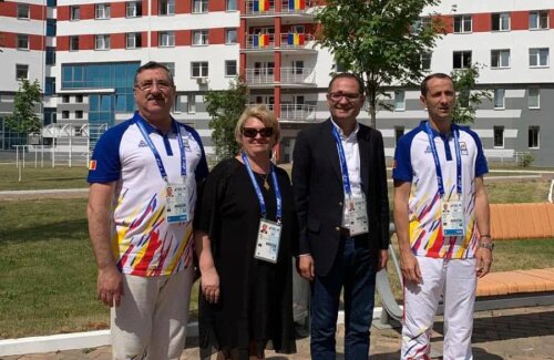 FOTO: Facebook MTS // Doina Gradea, președintele TVR, alături de George Boroi, Bogdan Matei, minstrul Tineretului și Sportului și Mihai Covaliu, președintele COSR, în satul olimpic de la Minsk.