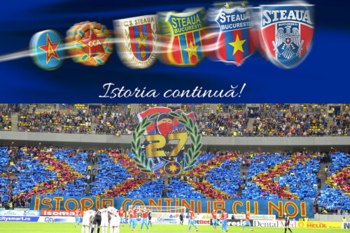 Sus, banner de pe contul oficial de Facebook al CSA Steaua. Jos, banner al suporterilor FCSB la un meci pe Arena Națională