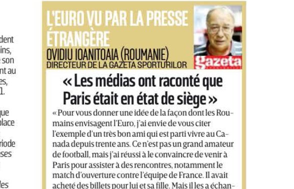 Ovidiu Ioanițoaia, directorul Gazetei, a avut un editorial în L'Equipe: "Înfruntăm terorismul ignorându-l!"