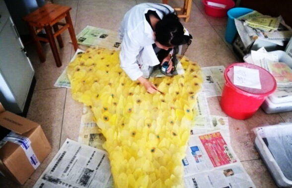 FOTO Răbdare de fier pentru nişte studenţi chinezi. Au făcut o rochie din 6000 de frunze