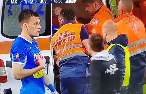 FOTO Emoții la Iași-Craiova: fotbalistul a fost dus cu ambulanța la spital