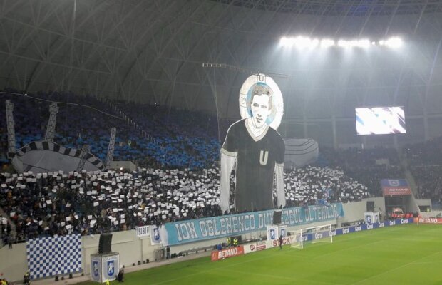GALERIE FOTO IMPRESIONANTĂ » Coregrafie 3D realizată de olteni la meciul cu Slavia Praga: "Ion Oblemenco, Dumnezeul oltenilor"
