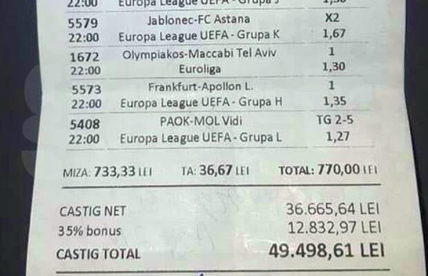 FOTO FACSIMIL S-a răsturnat carul cu bani! :) » Un parior din Caracal a dat lovitura: câștig FABULOS cu două bilete pe Europa League