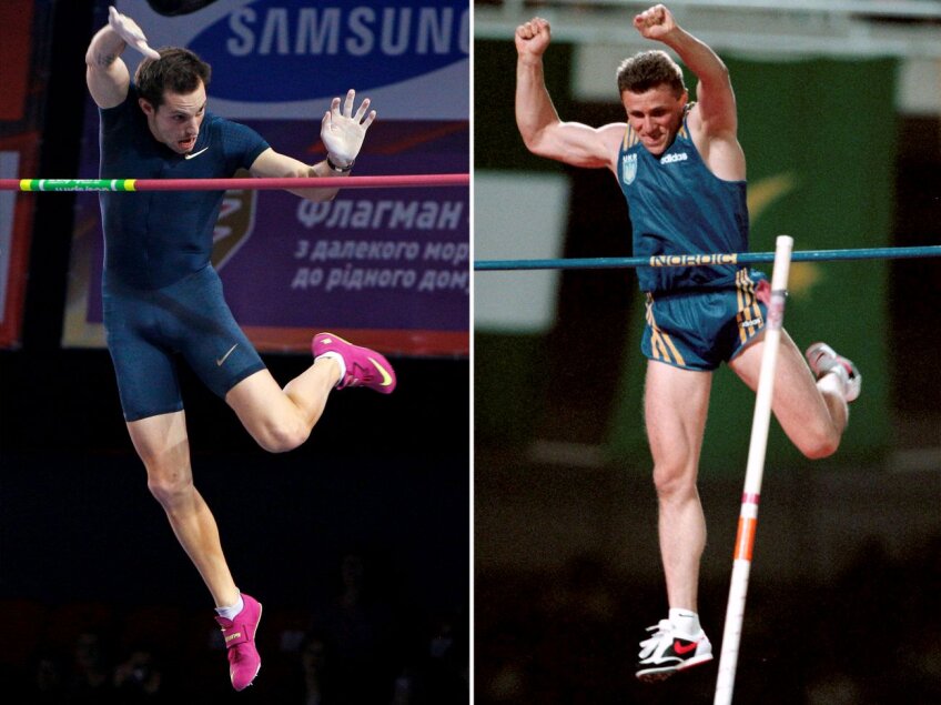 Renaud Lavillenie nu a atins deloc ştacheta cînd a doborît recordul mondial din prima încercare la 6,16 metri. În dreapta, Serghei Bubka în săritura de record mondial în sală