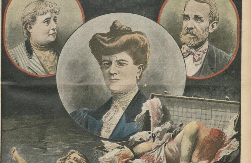 Pagină de ziar care relatează crima comisă de Vere St. Leger Goold și soția lui. În stânga e soția, apoi văduva și tenismenul