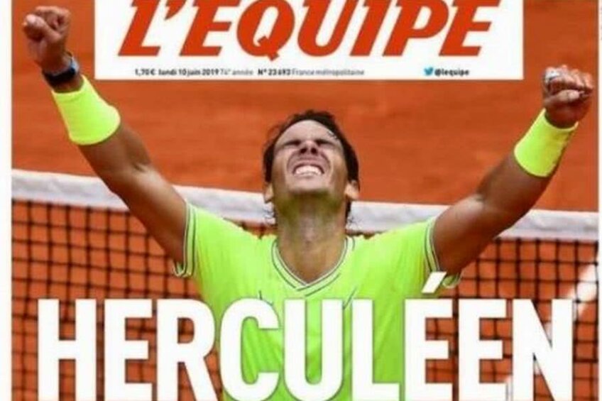 Prima pagină din L'Equipe, după cel de-al 12-lea titlu obținut de Nadal la Paris